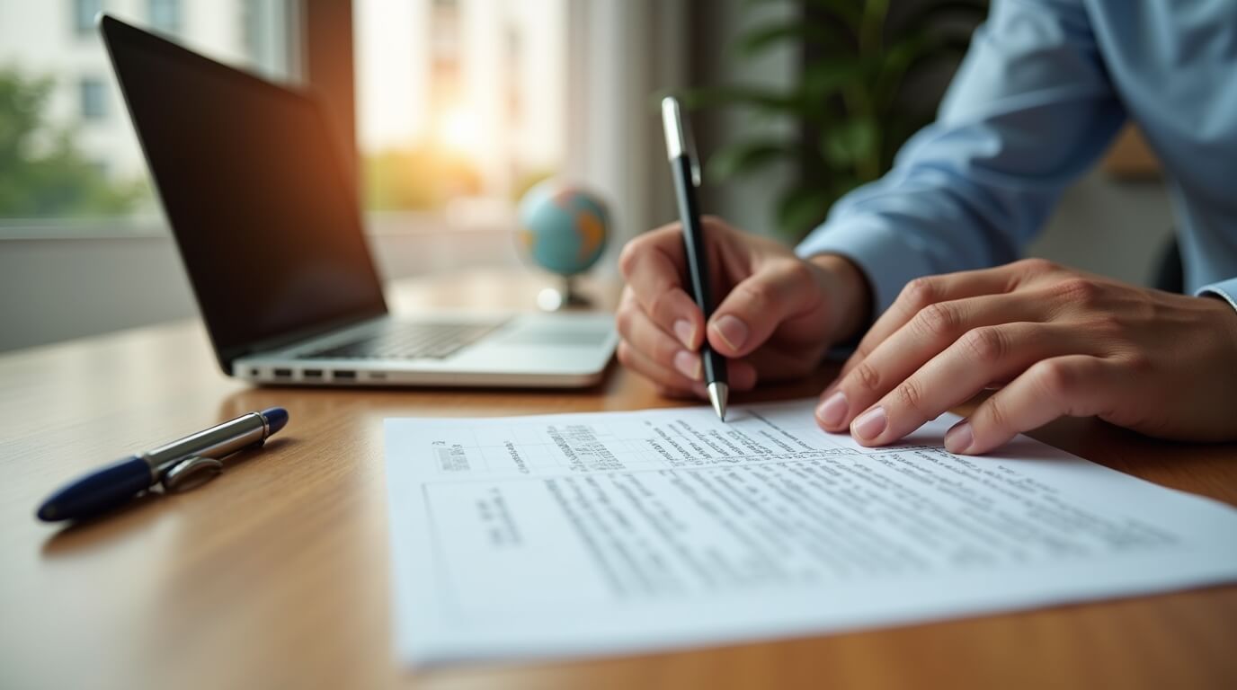 o que é tradução juramentada homem sentado à mesa traduzindo documento segurando uma caneta . Sobre a mesa uma folha de documento, um laptop e ao fundo um glo terreste e plantas decorativas